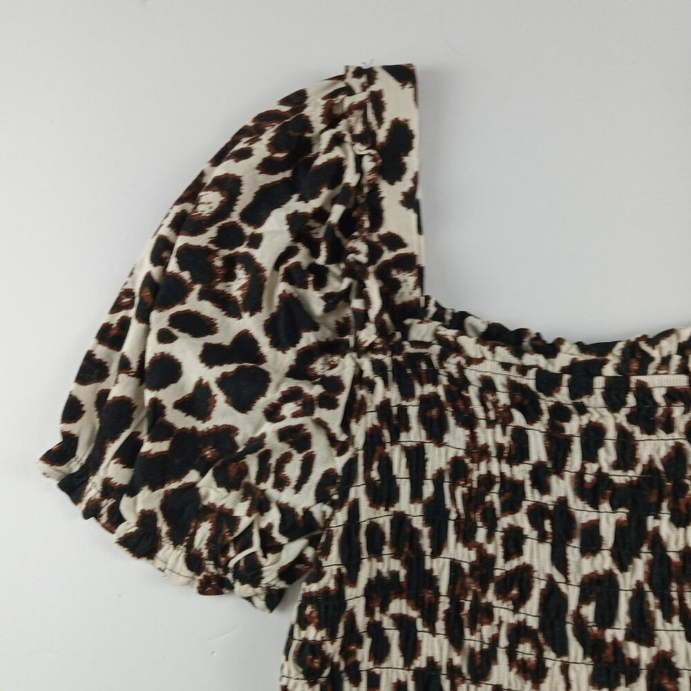 Monteau Puff Sleeve Smocked Crop Top Women's Size XL Leopard Print Linen Blend - Picture 2 of 8
